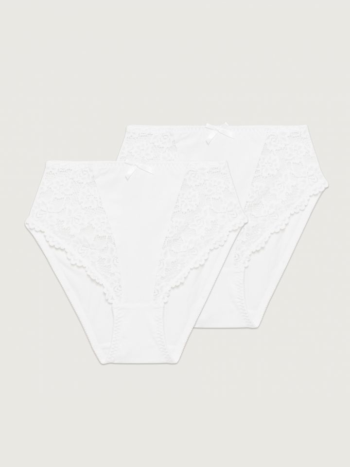 מארז 2 תחתונים בגזרה גבוהה מכותנה בשילוב תחרה בצבע לבן