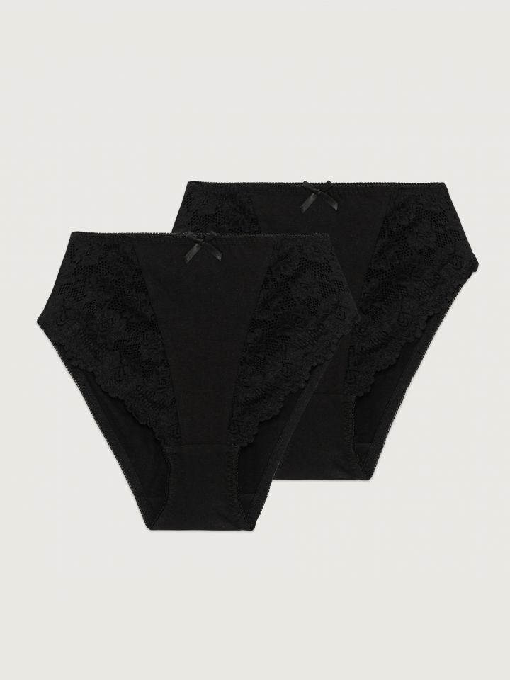 מארז 2 תחתונים בגזרה גבוהה מכותנה בשילוב תחרה בצבע שחור